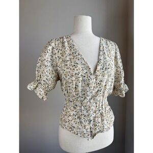 H&M Divided Floral Blouse Size L Cottagecore Puff Sleeve Button Up Top